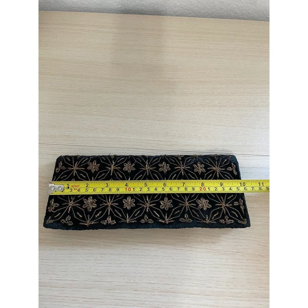 Vintage Black Velvet Gold Embroidered Floral Geometric Evening Clutch Bag
